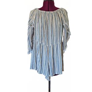 Angie Off The Shoulder Striped Romper With Lace Accents